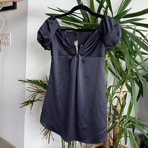 Olivaceous satin mini dress with puff sleeves